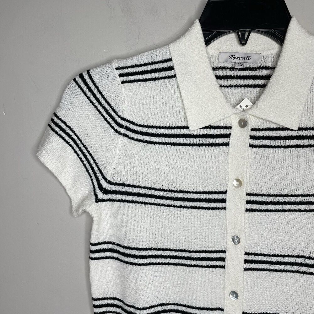 MADEWELL Sweater Women XS Polo Knit Tee NEW Ivory Stripe Short Sleeve NQ341 - Picture 3 of 14